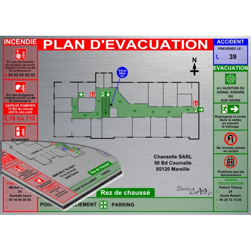 Plan d'évacuation BUREAU A3 support Dibond Alu 60x40cm