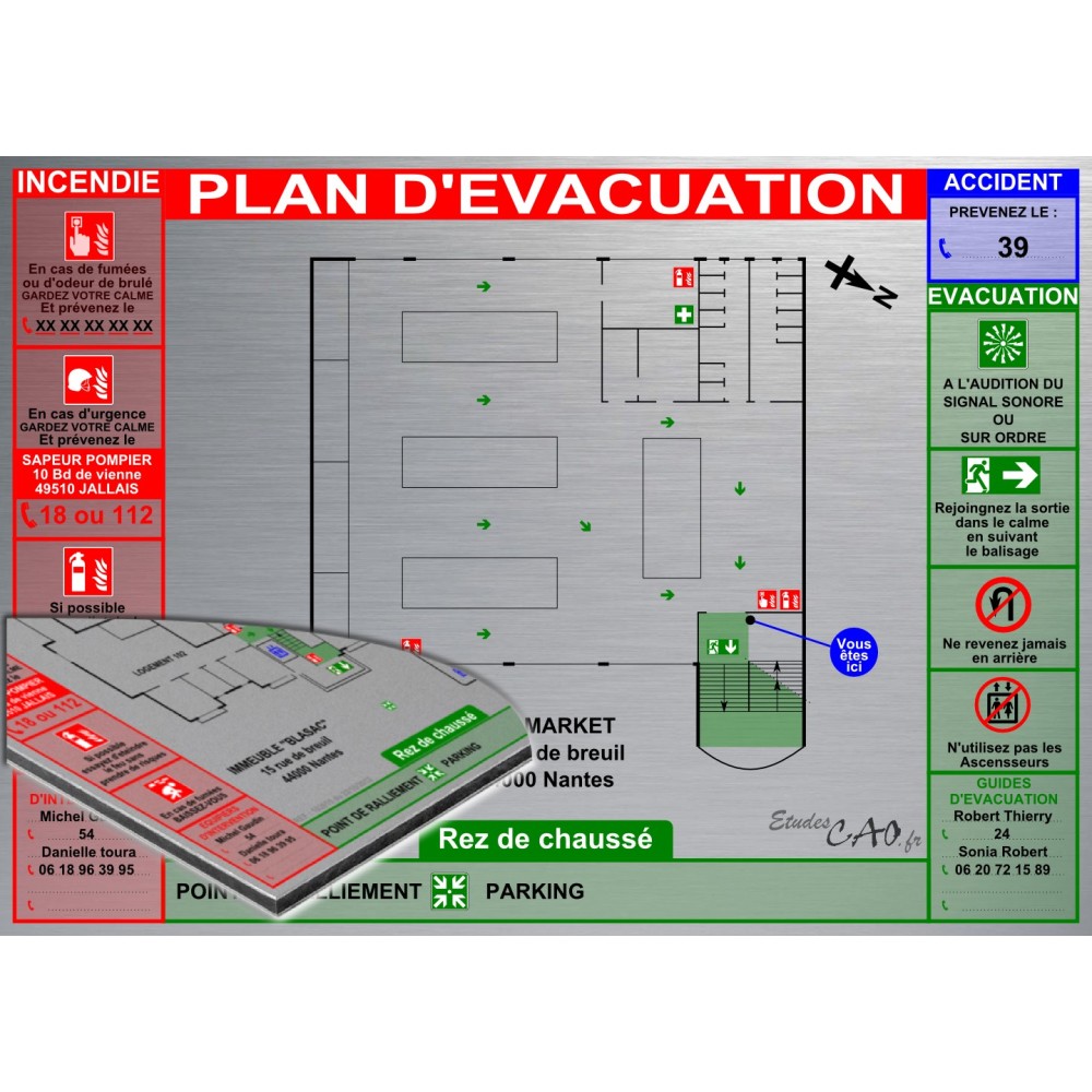 Plan d'évacuation MAGASINS A3 support Dibond Alu 60x40cm