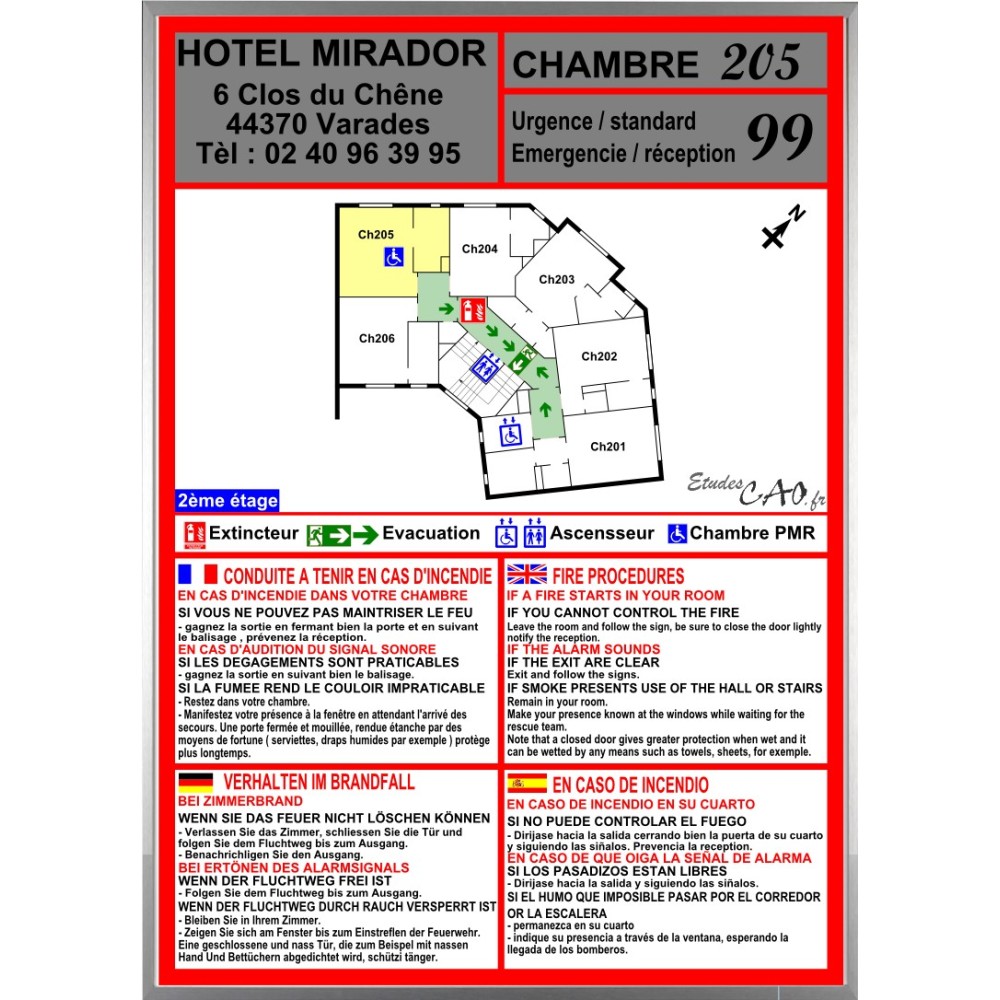 Plan incendie avec consigne de sécurité chambre hotel Plan incendie avec consigne de sécurité chambre hotel